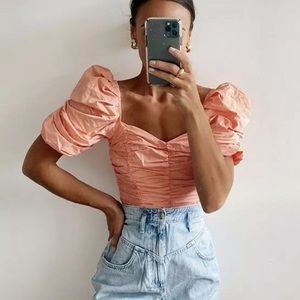 ZARA pink coral PEPLUM puff sleeve top XS/S